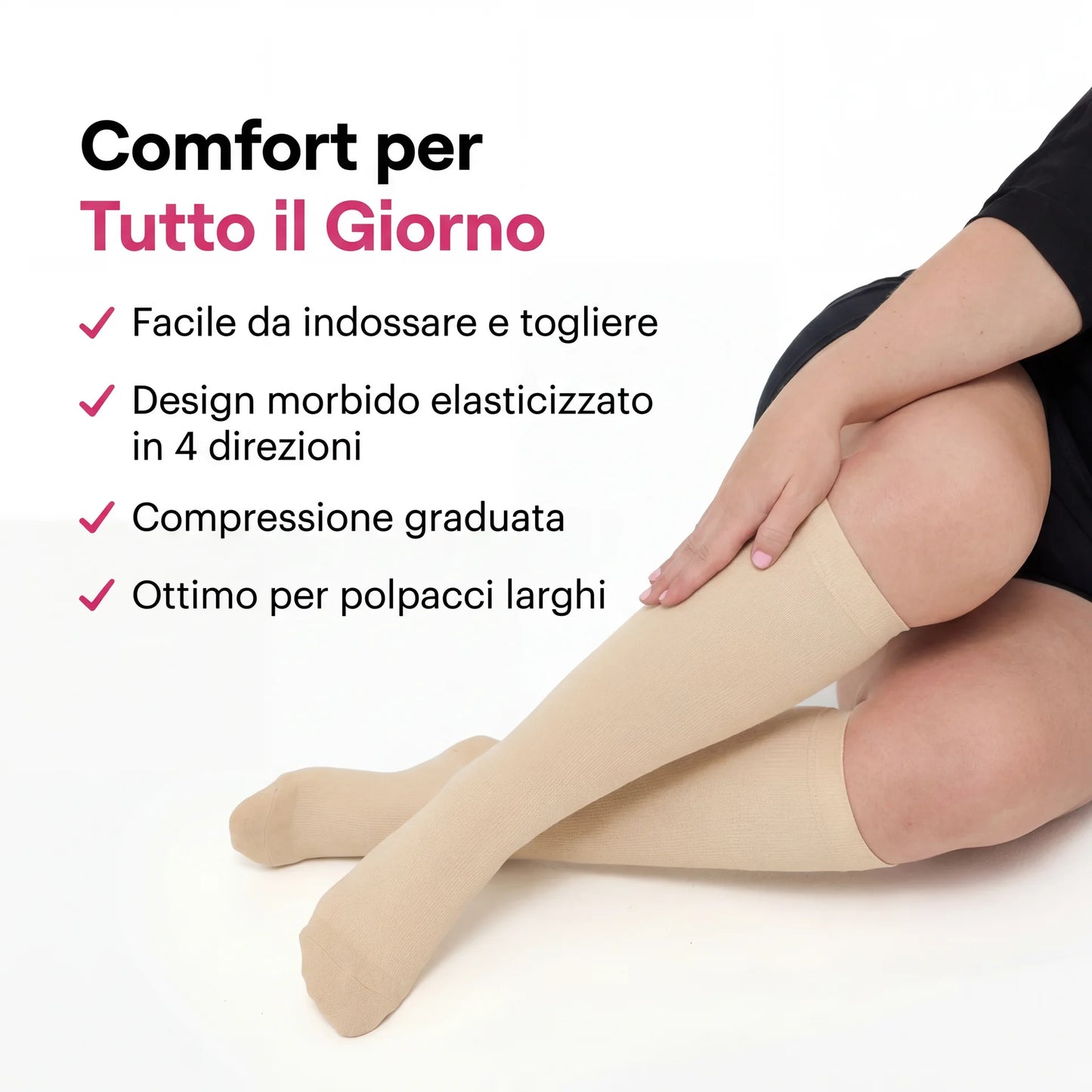 Donna che indossa le calze a compressione Vionexa per gambe leggere